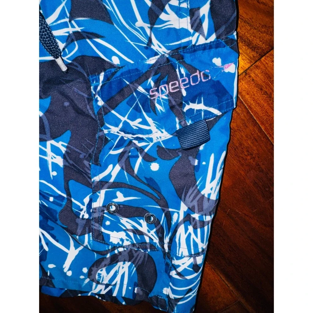 Speedo Mens Blue Abstract Print Swim Trunks Mesh Lined Cargo Pocket Board Shorts